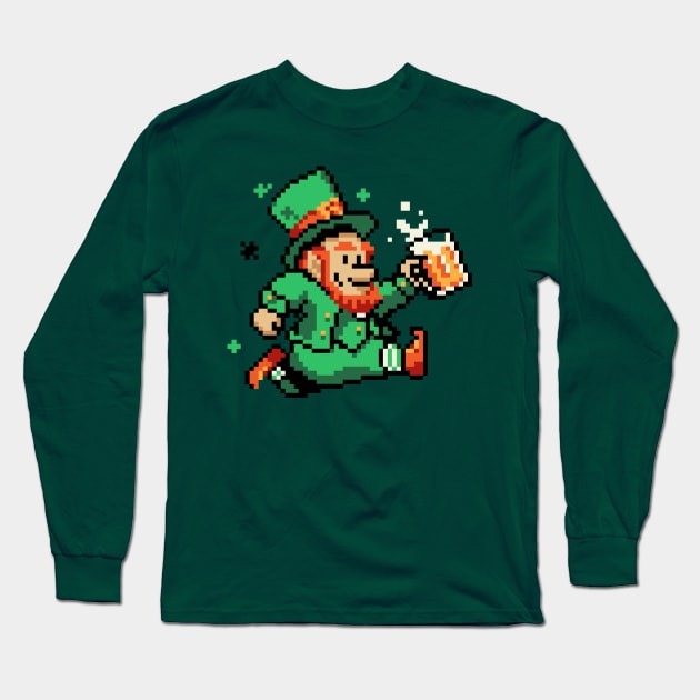 Leprechaun St Patricks Day Green Shirt Pixel Art Gamer Shirt Long Sleeve T-Shirt by vo_maria